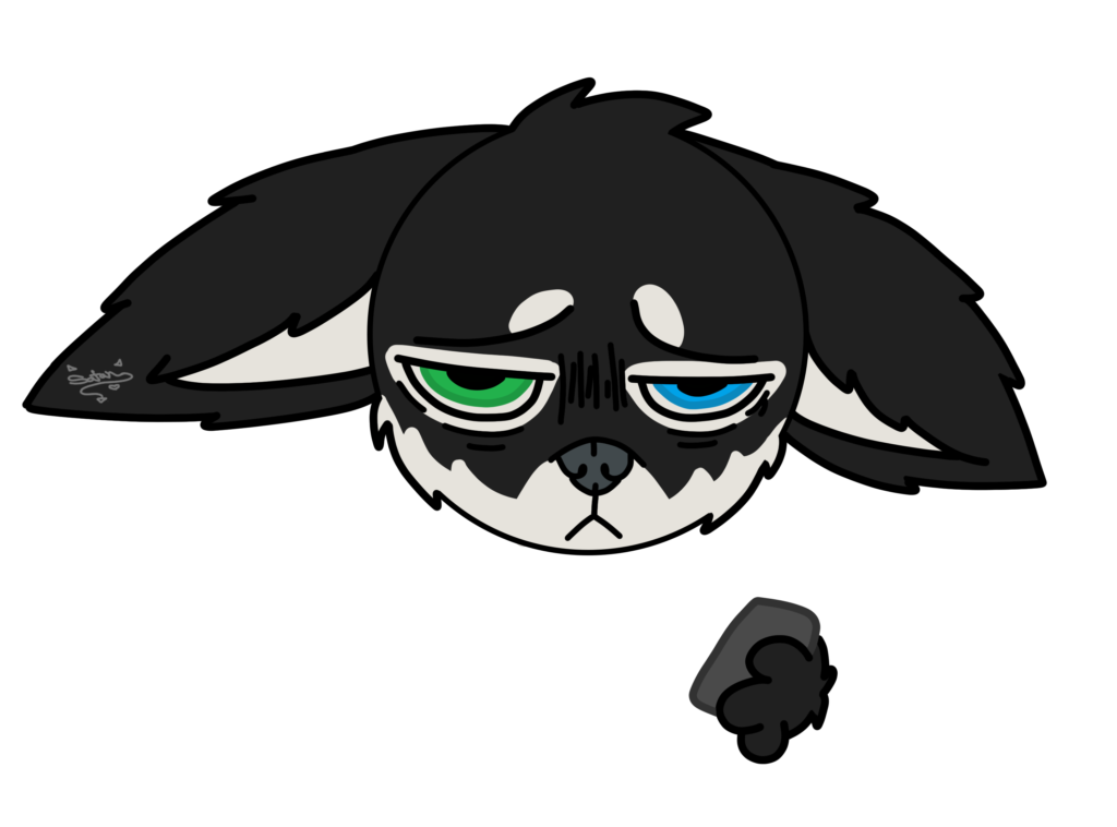 A hand drawn doodle of an annoyed looking anthropomorphic wolf holding a cell phone in its one visible hand with one blue eye and one green. Drawn by Overcompensatan